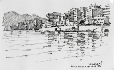 Waterfront with High-Rise Buildings, Agios Nikolaus, Crete, Travel Sketch
