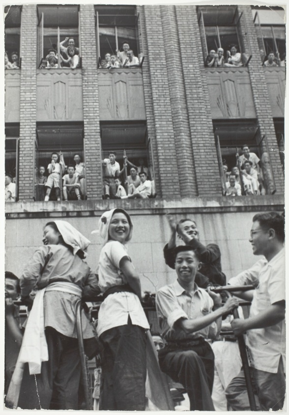 People Gathered in Windows Looking Down on Parade, July 6 Parade, Shanghai