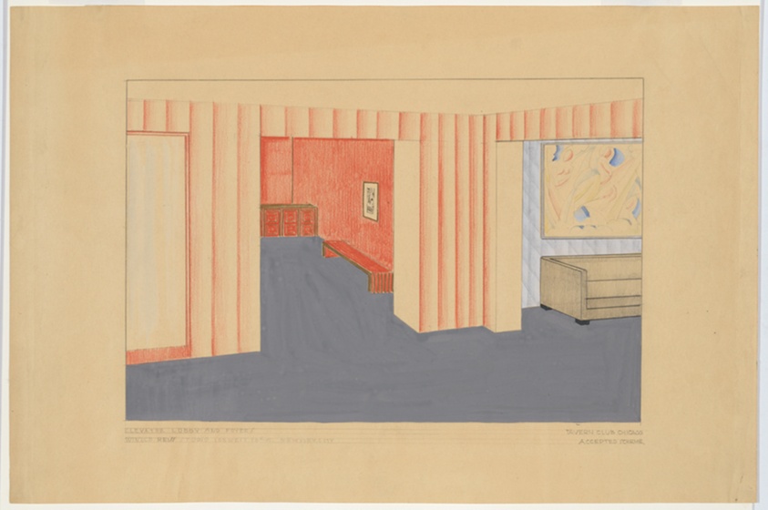 Tavern Club, Interior, Elevator Lobby and Foyers, Chicago, Illinois, Presentation Drawing