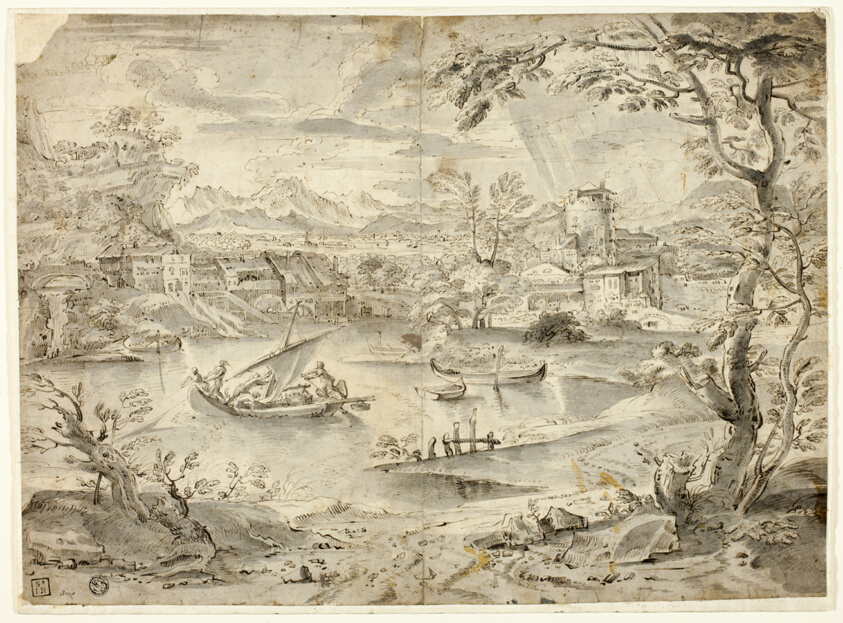View of City with Fishing Boat in Foreground