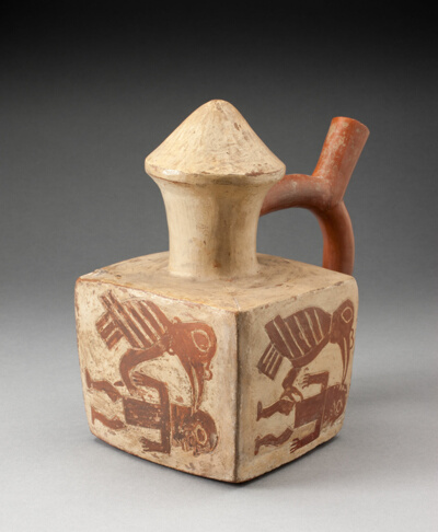 Square Handle Spout Vessel with Image of a Man Attacked by a Bird