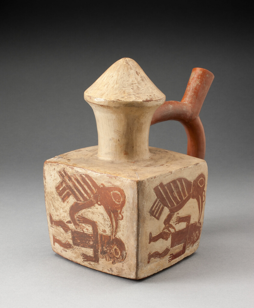 Square Handle Spout Vessel with Image of a Man Attacked by a Bird
