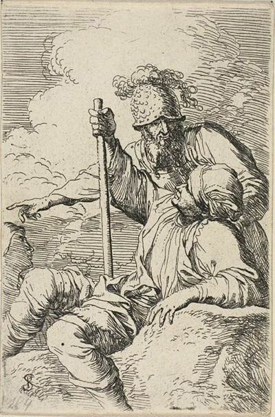 Three Warriors, one seated on a foreground rock holding a staff; the secnd standing behind him and pointing, the third seen as a face behind them, from Figurine series