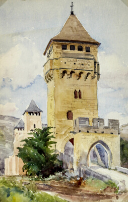 View of Entrance to a Walled City, Cahors, France, Travel Sketch
