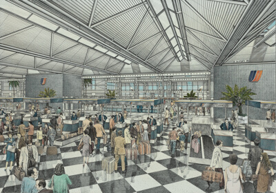 United Airlines Terminal: Interior Perspective View of Ticketing Counters