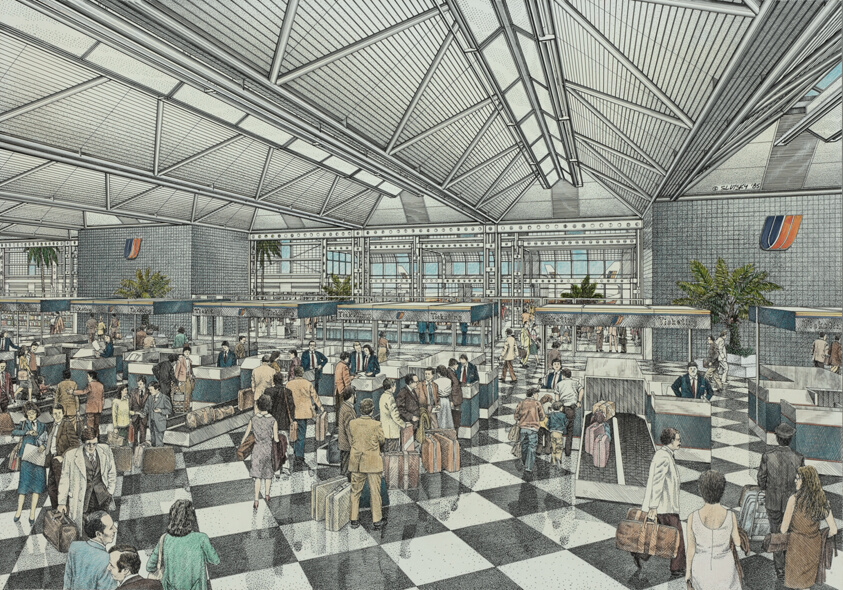 United Airlines Terminal: Interior Perspective View of Ticketing Counters