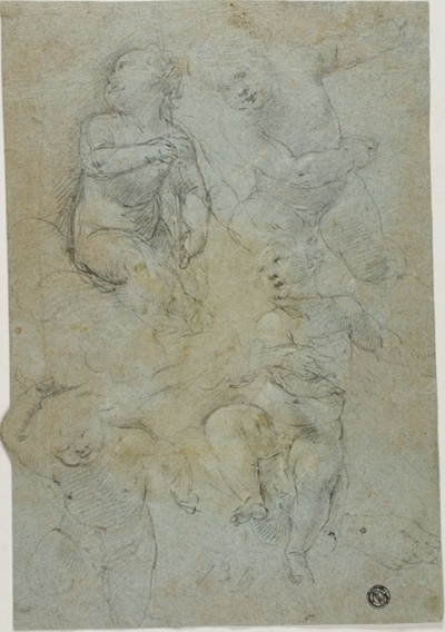 Sketches of Four Putti (recto); Kneeling Ecclesiastic (verso)
