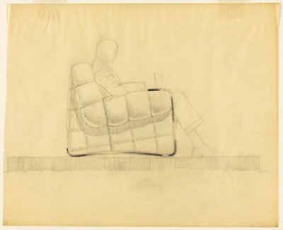 Chair Designs, Upholstered Armchair, with Seated Male Figure with Glass, Side Elevation