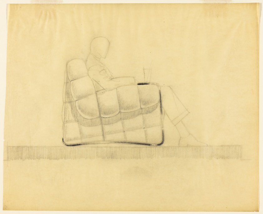 Chair Designs, Upholstered Armchair, with Seated Male Figure with Glass, Side Elevation