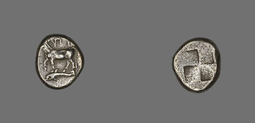 Drachm (Coin) Depicting a Cow with Dolphin below