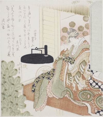 Courtesan sitting on a veranda next to a lantern