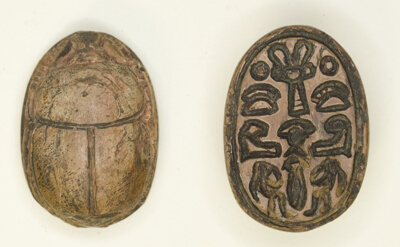 Scarab: Hathor Sistrum with Hieroglyphs (xaw-signs, hAt-signs, child signs, papyrus stalk)