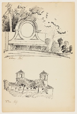 Unidentified Garden Bench and Church, Rome, Italy, Travel Sketch