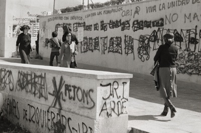 Political slogans for the forthcoming elections covering the walls of the Madrid University, Spain