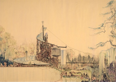 Gene and Nancy Bavinger House: South Elevation Showing Suspension Bridge over Ravine