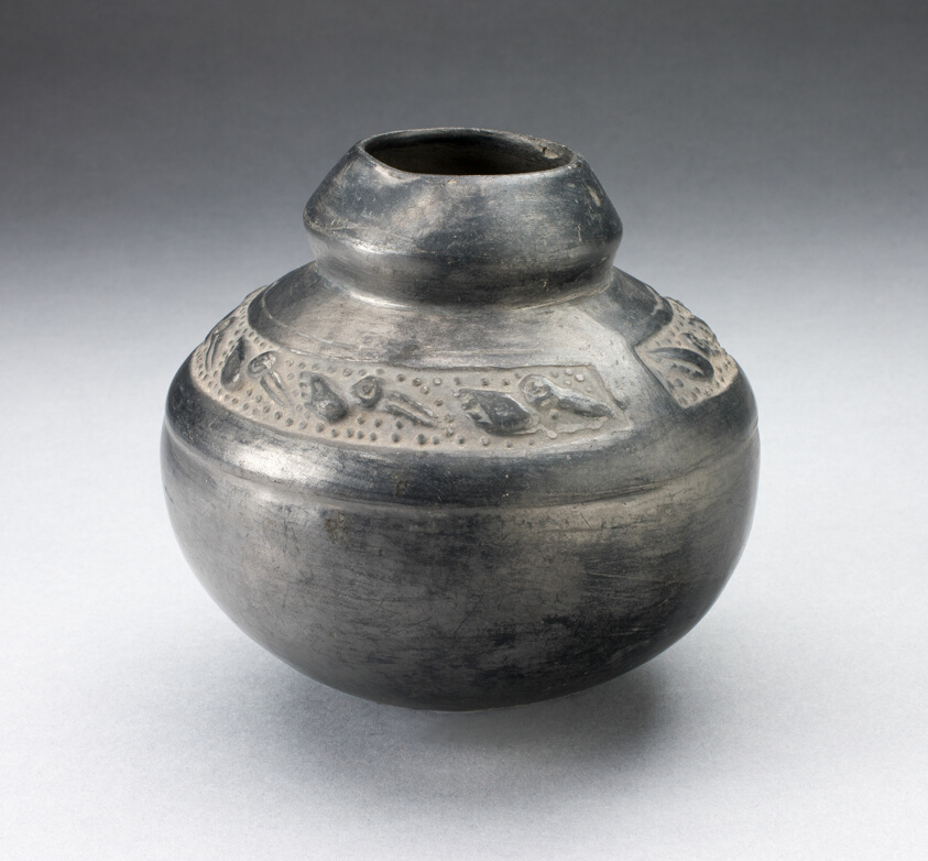 Blackware Narrow Neck Jar with Shoulder Impressed with Birds