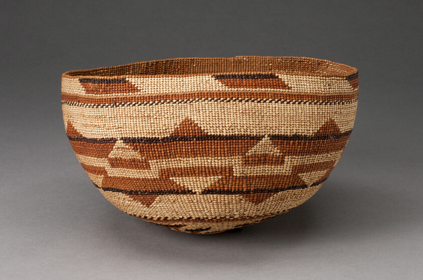 Bowl-Shaped Basket with Band of Triangles and Lines Encircling Middle