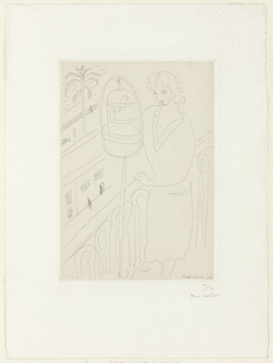 Young Woman on a Balcony Looking at Parakeets