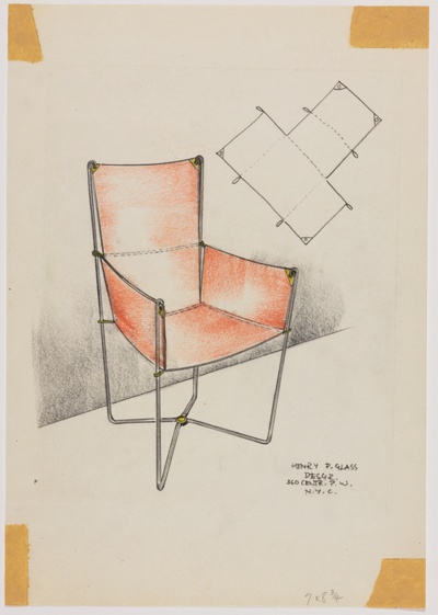 Furniture Design, Wrought Iron and Orange Canvas Arm Chair, Perspective View