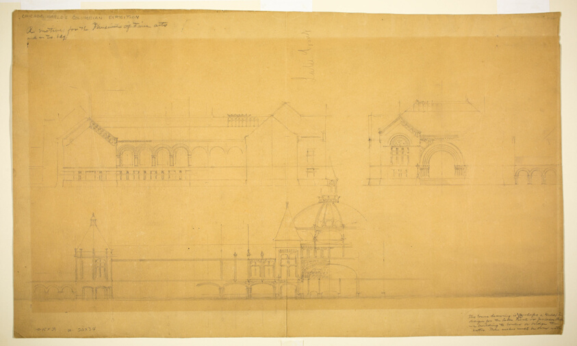 Proposed Fine Arts Museum, World's Columbian Exposition, Chicago, Illinois, Elevation Sketches