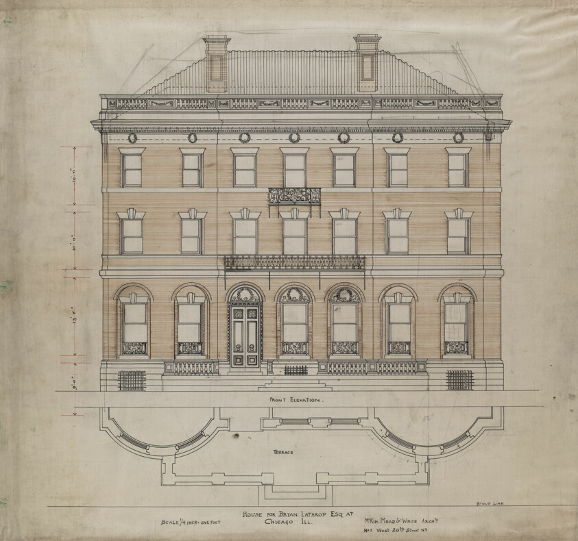Bryan Lathrop House, Chicago, Illinois, Front Elevation and Terrace Plan