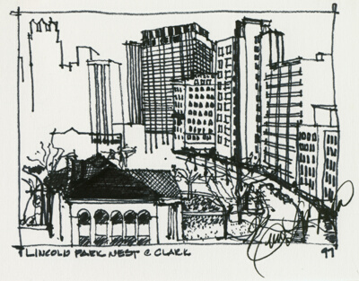 Chicago Travel Sketches, "Looking South", Lincoln Park West at Clark and Skyline Sketch