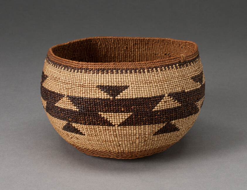 Bowl-Shaped Basket with Stepped-Triangle Design Encircling Middle