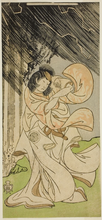 The Actor Yamashita Kinsaku II as a Thunder Goddess in the Play Onna Narukami, Performed at the Morita Theater in the First Month, 1770