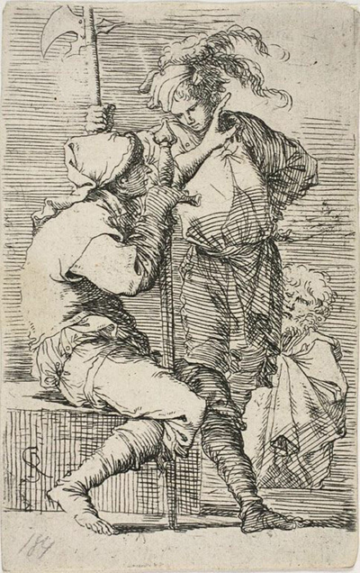 Two warriors, one holding a sward, the other a halberd; an old brearded man behind them, from Figurine