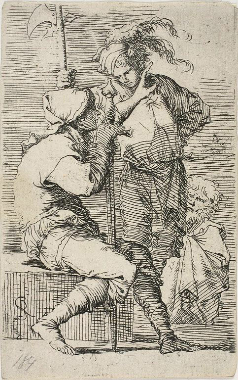 Two warriors, one holding a sward, the other a halberd; an old brearded man behind them, from Figurine