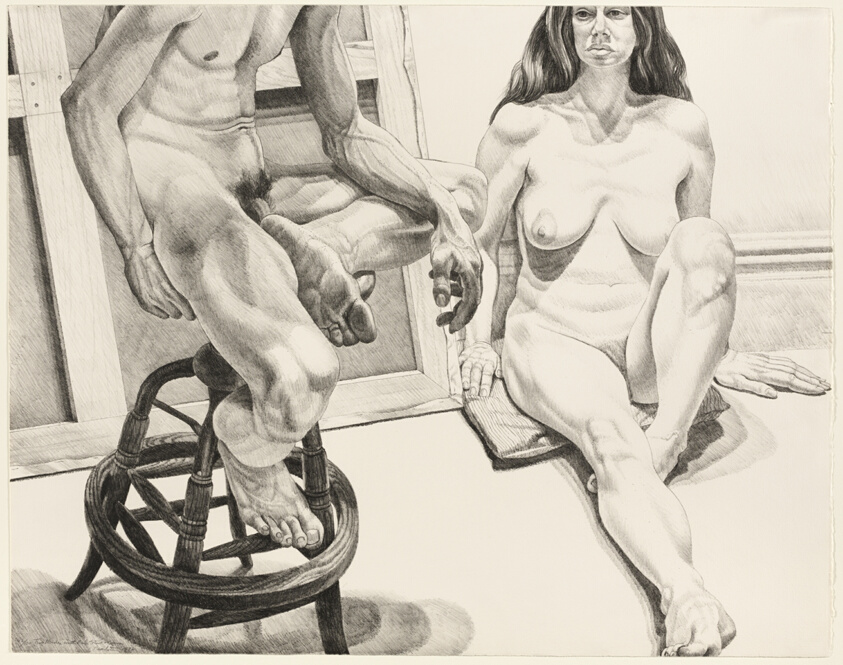 Two Nudes with Oak Stool and Canvas