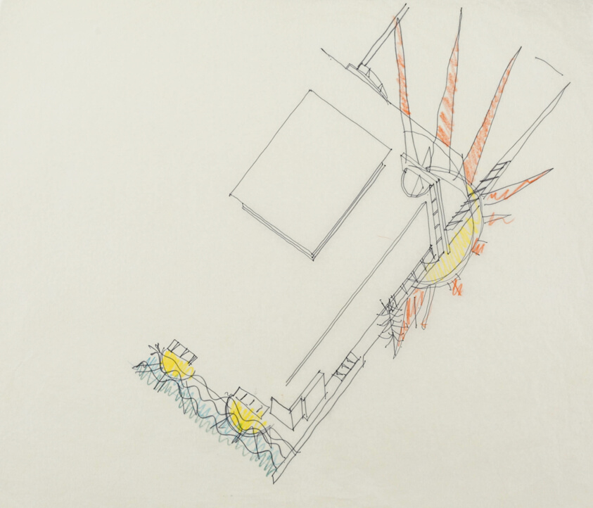 Little Village Academy, Chicago, Illinois, Aerial Axonometric View Showing Colored Paving
