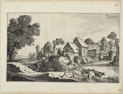 Herd of Cattle at a Ford Near a Watermill