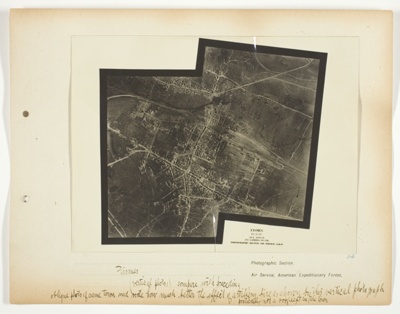 Fismes, (vertical photos) compare with preceding: oblique photo of same town and note how much better the effect of artillery fire is shown by this vertical photograph, pratically not a roof left in the town