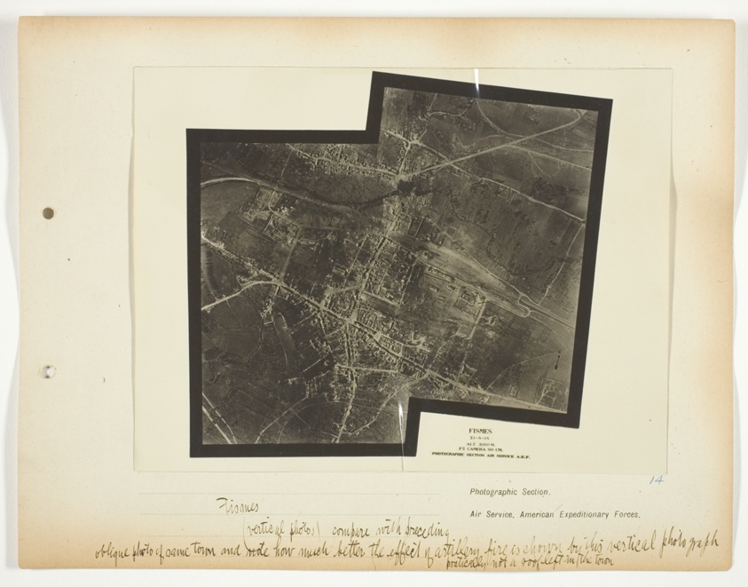 Fismes, (vertical photos) compare with preceding: oblique photo of same town and note how much better the effect of artillery fire is shown by this vertical photograph, pratically not a roof left in the town