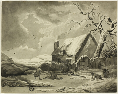 Winter Scene with People Outside a Cottage Near a Pond