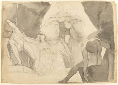 Aided by Eeriboia, Hermes Carries Off the Exhausted Ares from the Sleeping Sons of Aloeus (recto); Sketch of One of the Sleeping Sons of Aloeus (verso)