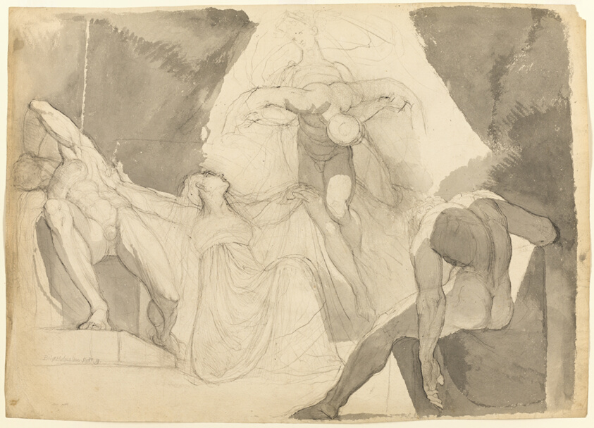 Aided by Eeriboia, Hermes Carries Off the Exhausted Ares from the Sleeping Sons of Aloeus (recto); Sketch of One of the Sleeping Sons of Aloeus (verso)