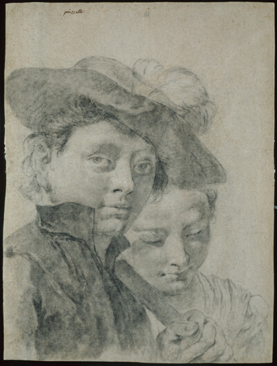 A Young Boy Wearing a Plumed Hat, and a Young Girl