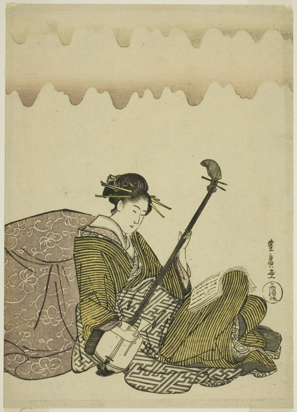 Woman playing shamisen, from an untitled series of women at leisure