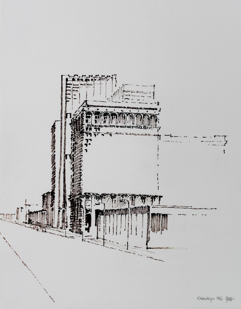 View Looking Northeast from Jackson and Clark Streets, Chicago, Illinois, Travel Sketch