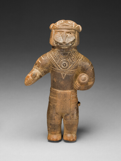Masked Figurine Holding a Drum, Possibly an Ocarina (Whistle)