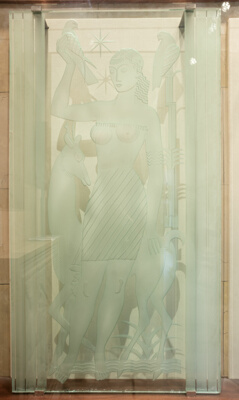 Diana Court Clerestory Window: Diana with Stag and Falcons