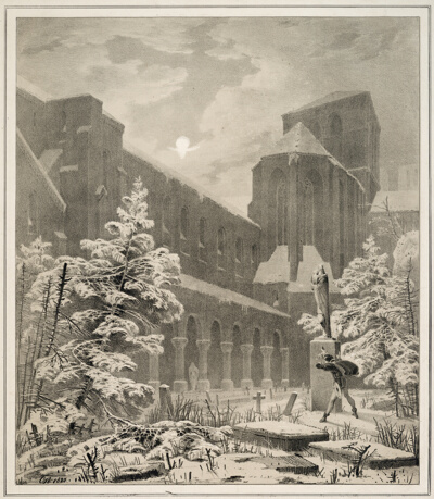 Church and Graveyard in the Snow by Moonlight