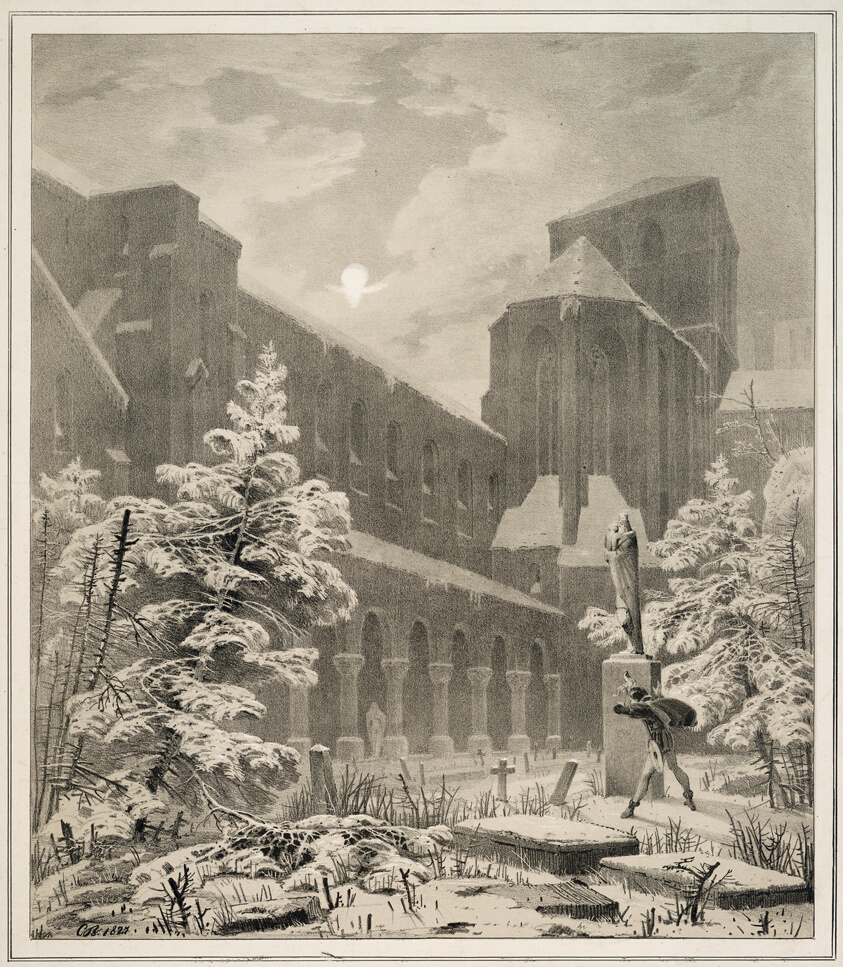 Church and Graveyard in the Snow by Moonlight