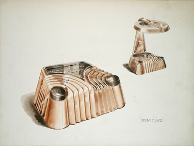 Fada Radio Design, Copper-Colored Radio with Matching Ashtray, Presentation Drawing