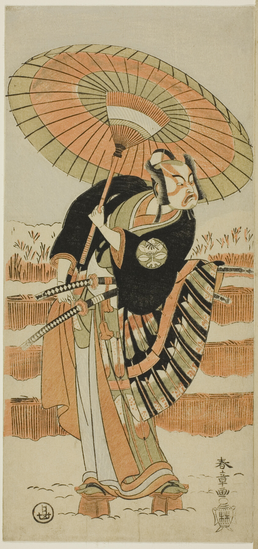 Actors Ichimura Uzaemon IX as Kajiwara Genta no Kagetoki (Left), Segawa Kikunojô II as Yuki Onna (Center), and Arashi Sangorô II as Minamoto no Yoritomo (Right) in “Cotton Wadding of Izu Protecting the Matrimonial Chrysanthemums” (“Miyoto-giku Izu no kisewata”)