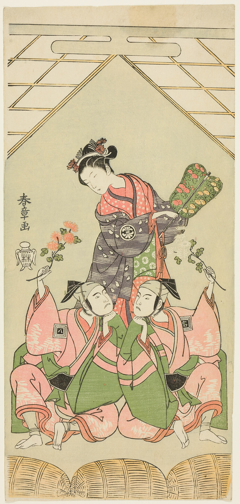 Actors Segawa Kikunojô II as Reizei, Ichikawa Komazô I as Suruga no Hachirô, and Ichikawa Yaozô II as Tada no Kurando in “The Genji Clan Now at Its Zenith” (“Ima o sakari suehiro Genji”)