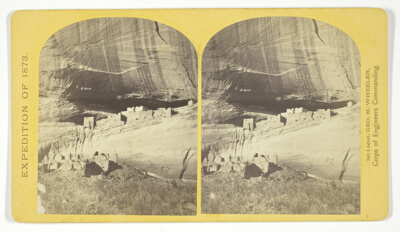 Ruins in Cañon de Chelle, N. M., in a cavity in the wall, 60 feet above present bed of Cañon. Height of walls about 700 feet. The present race of Indians know nothing of the age of these buildings of who occupied them, No. 21 from the series "Geographical Explorations and Surveys West of the 100th Meridian"
