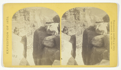 The northern wall of the Grand Cañon of the Colorado, near the foot of To-ro-weap valley. The rounded rocks of the foreground are sand-stone, No. 14 from the series "Geographical Explorations and Surveys West of the 100th Meridian"